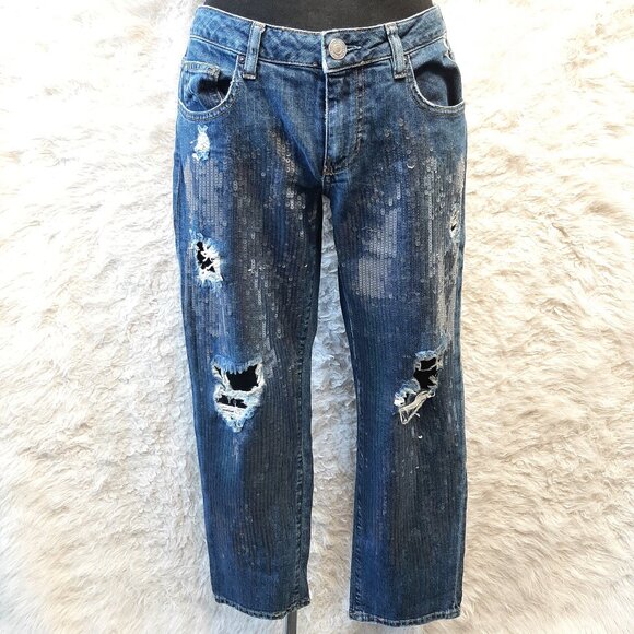 Guess Boyfriend Metallic Glitter Cropped Leg Ripped Denim Pants US26 - Picture 1 of 12